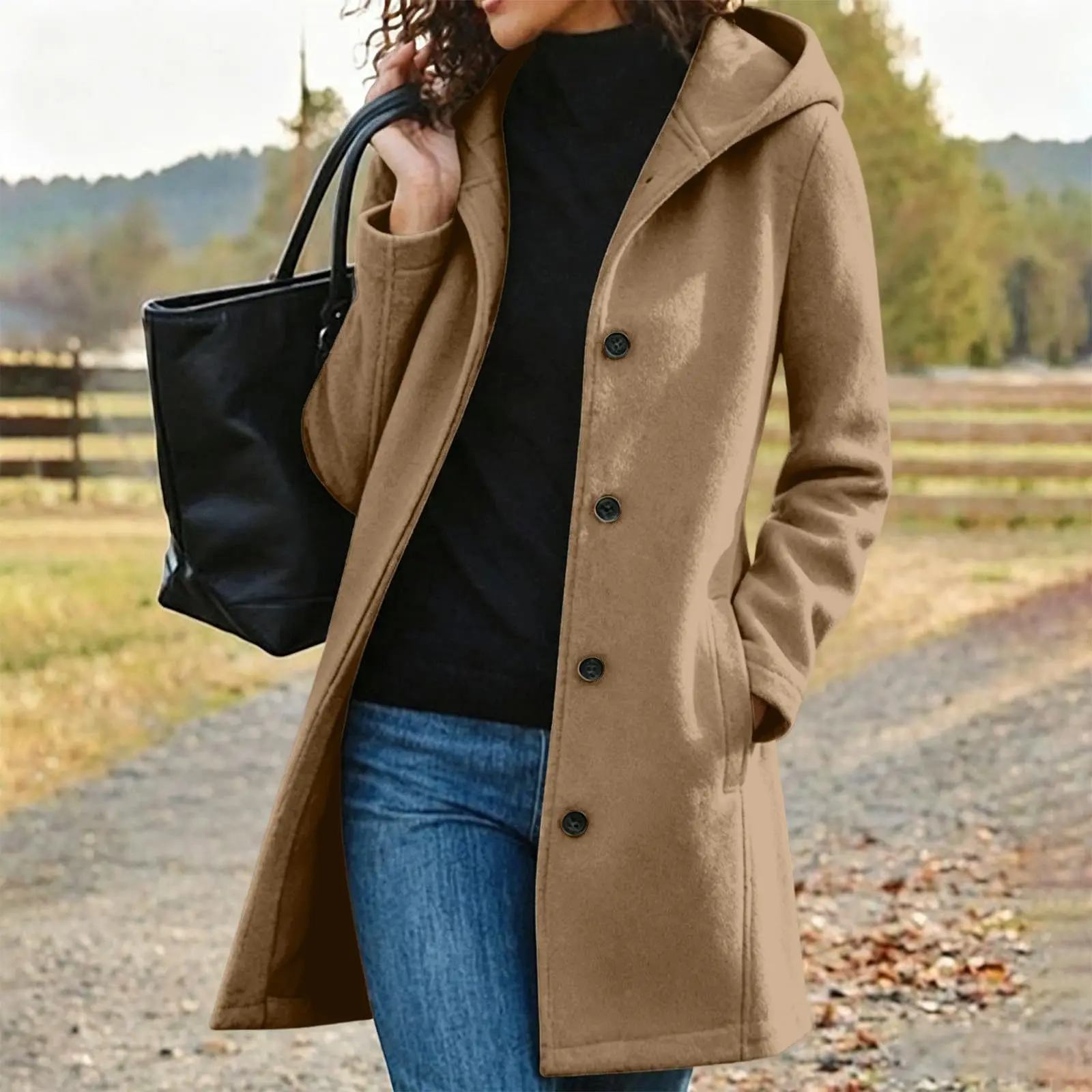 2026 Cross-border European American Women Hooded Woolen Coat, Mid-length Single Breasted Solid Color Casual Overcoat, New Autumn