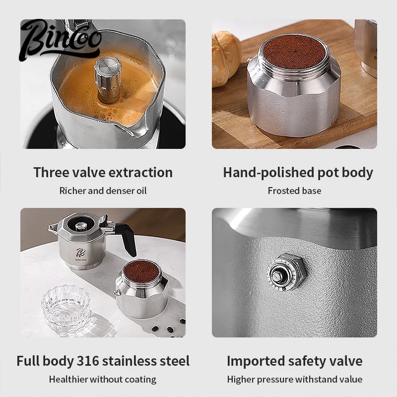 

Bincoo Three Valve 316 Stainless Steel Mocha Pot 3.0pa Italian Concentrate Extraction Coffee Pot Household Coffee Maker