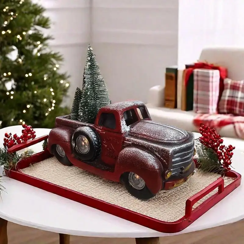 Christmas Decorations Truck Statue Holiday Decor Retro Red Car Resin Statue Decorative Red Truck Model For Bookshelf Entryway