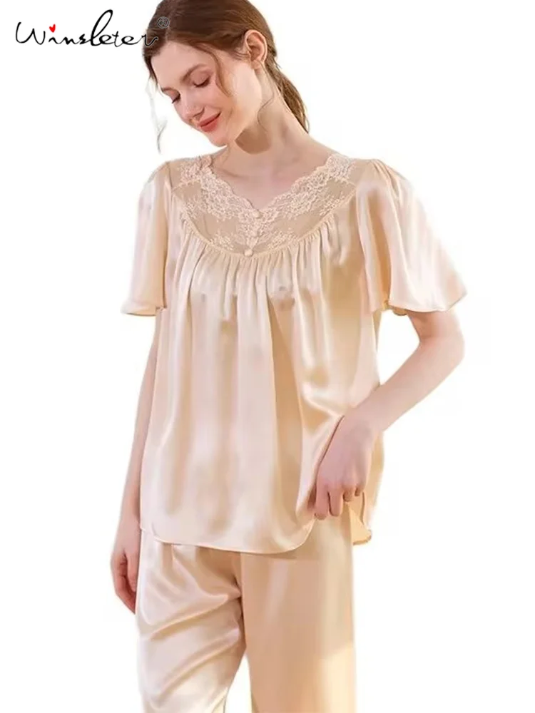 

Winsleter,19MM 100%Real Silk Pajamas Set,Casual Sweet Homewear,Women Short Sleeve Lace Top Pants,2024 Summer Autumn S47885QM