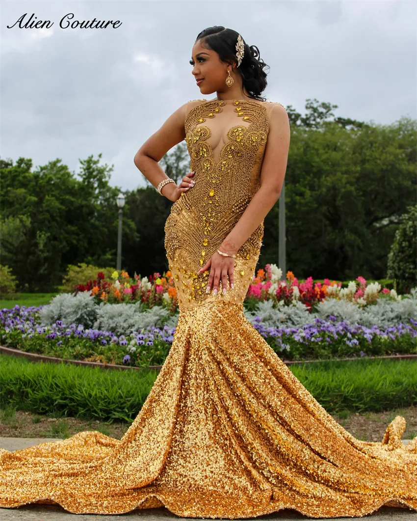 

Elegant Gold Prom Dress 2025 For Black Girl Gold Beads Crystals Robe Luxury Birthday Party Evening Party Gown Customized