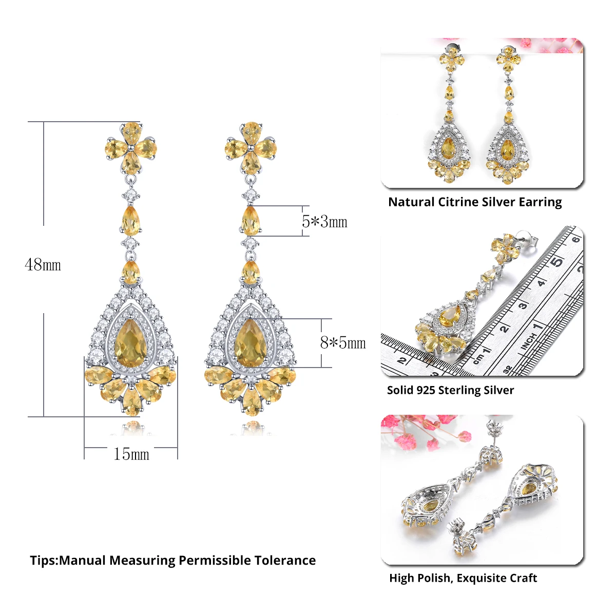 Natural Citrine Sterling Silver Women\'s Earring 5 Carats Genuine Gemstone Women Romantic Exquisite Style Engagement Wedding
