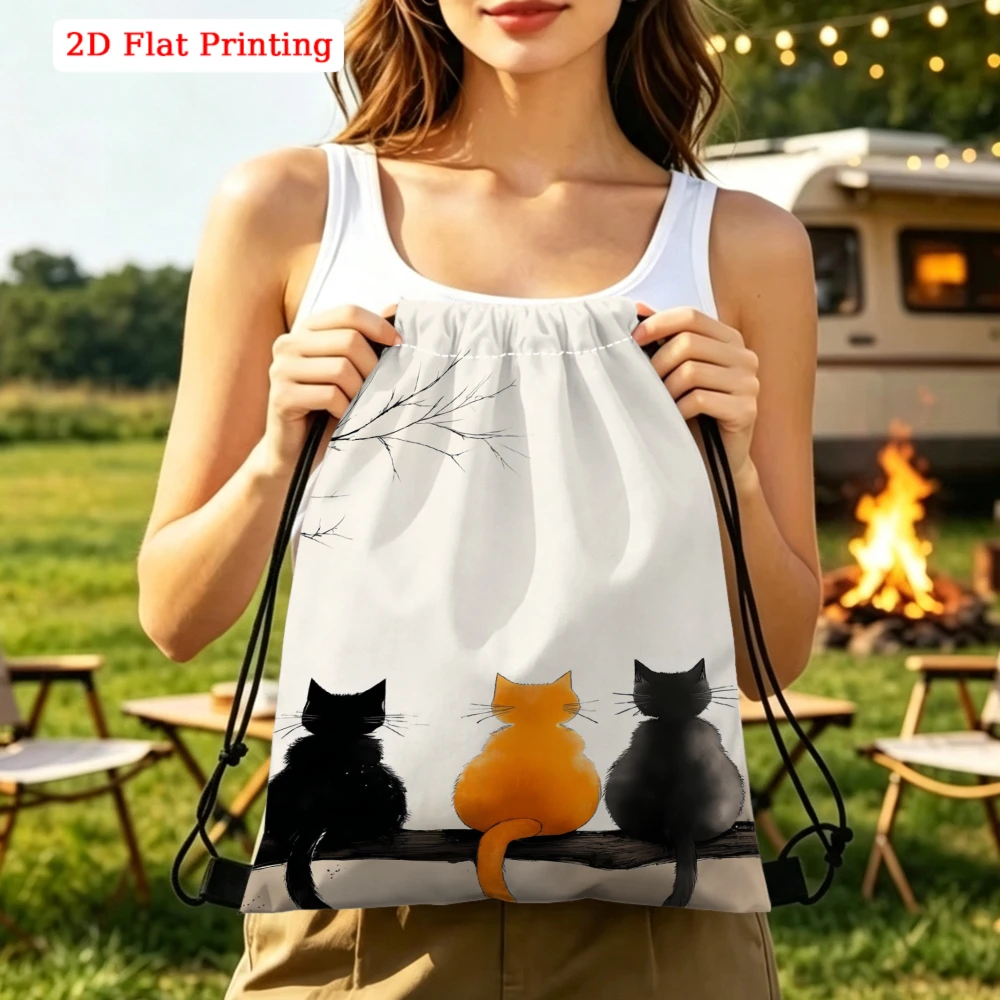 Cat Pattern Drawstring Backpack 2D Flat Print Three Cats Sitting on Branch Gym Sports Bag Outdoor Travel