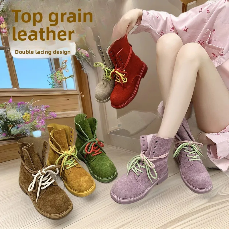 

Green Leather Boots Women's Style 2025 Trend Summer New Motorcycle Boots Double Strap Flat Heel Rubber Outsole