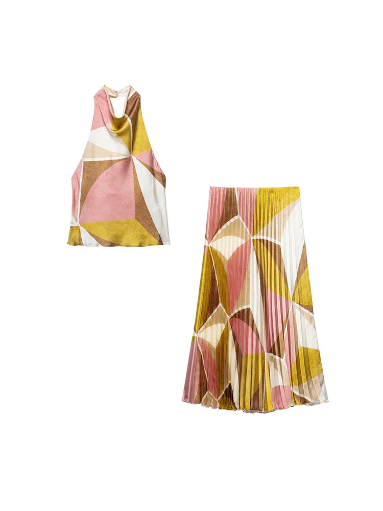 

SIYANG Women Fashion 2 Piece Sets Printed Pleated Backless Tops & Vintage Elastic Waist Midi Skirt Female Chic Lady Skirt Set