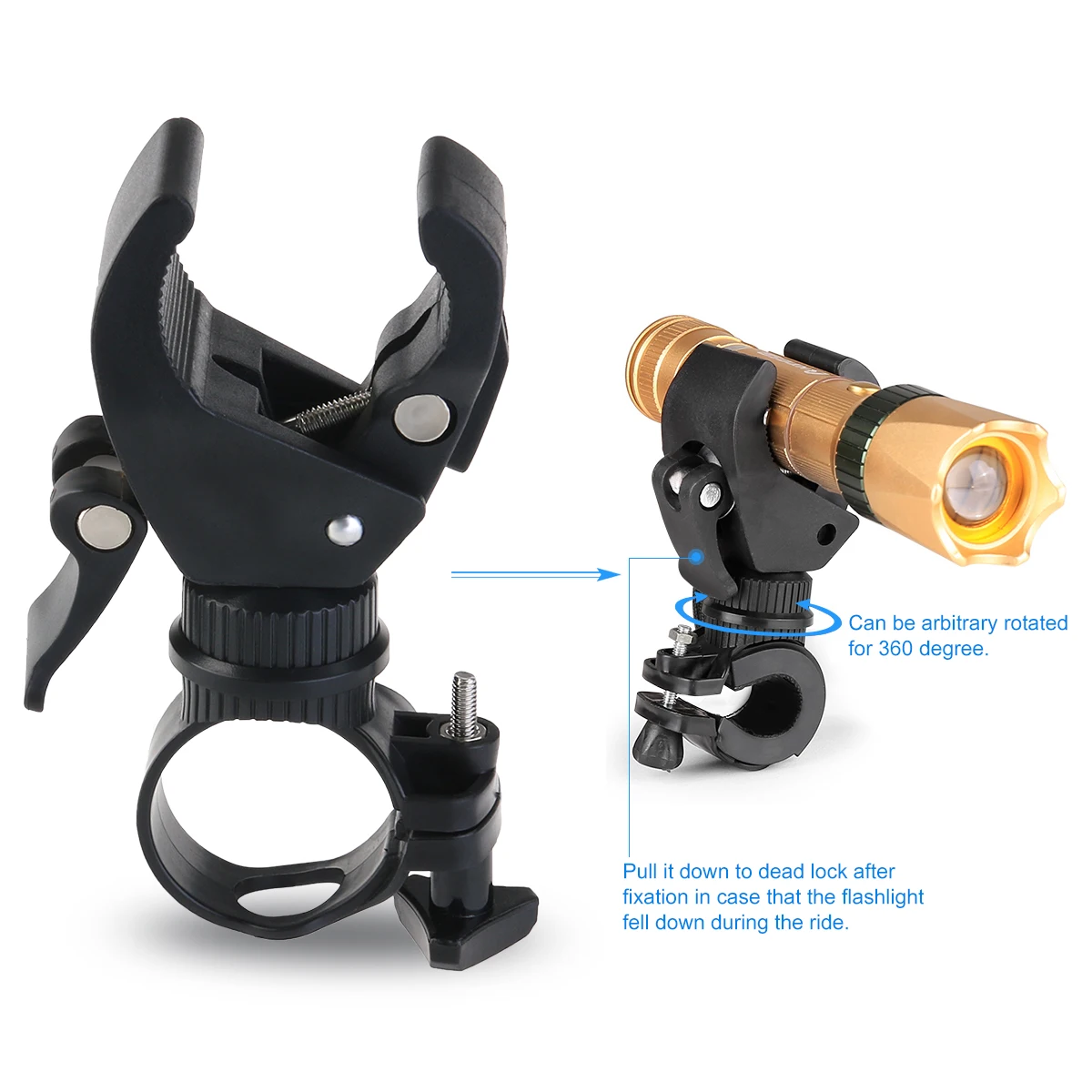 Rotating Flashlight Bracket Clamp Handlebar Torch Mount Holder 360 Degree Adjustable Bike Light Steady Rubber Metal Fits LED