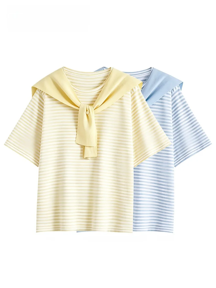 

Cara CLUB plus Size Women's T-Shirt Short Sleeve Striped Shoulder round Neck Summer Korean Style Knitted Top for plus Size