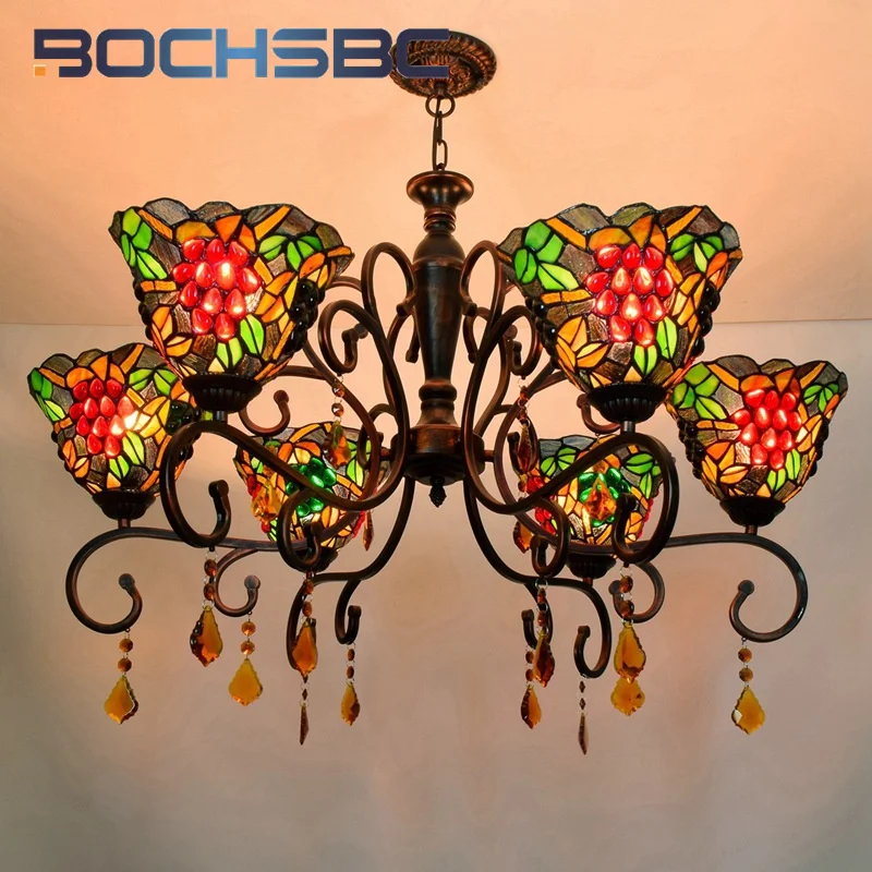 BOCHSBC Tiffany Light Luxury stained glass crystal grape Crystal Chandelier Garden Living Room Bar restaurant aisle parrot decor