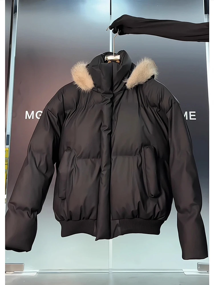 

Bla PU Leather Collar Hooded Cotton Jaet Men's Winter Thi Warm American Cleanfit ort Bread Sle Coat Youth Casual