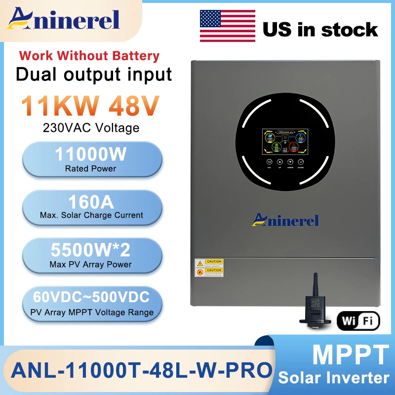 Aninerel 11KW 48V Hybrid Solar Inverter Dual Output Dual input Solar controller Color LCD Display MPPT 160A PV 500VDC RS232/485