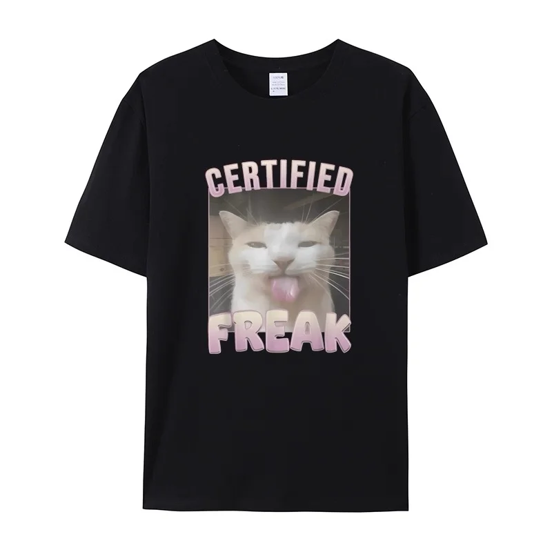 ZAZOMDE Oversized Loose Fit T Shirt Viral Tongue Cat Meme Graphic Certified Freak Slogan Print Summer Casual O Neck Unisex Tees