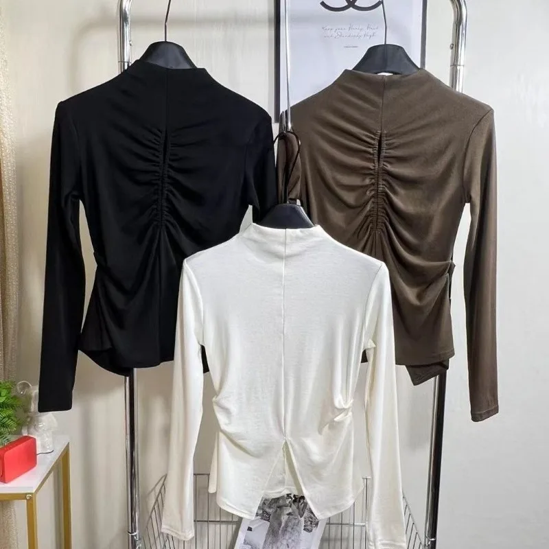 Autumn 2025 French Fashionable Front Slit Backless Long Sleeve Top for Women Half Turtleneck T-shirt Versatile Base Pullover