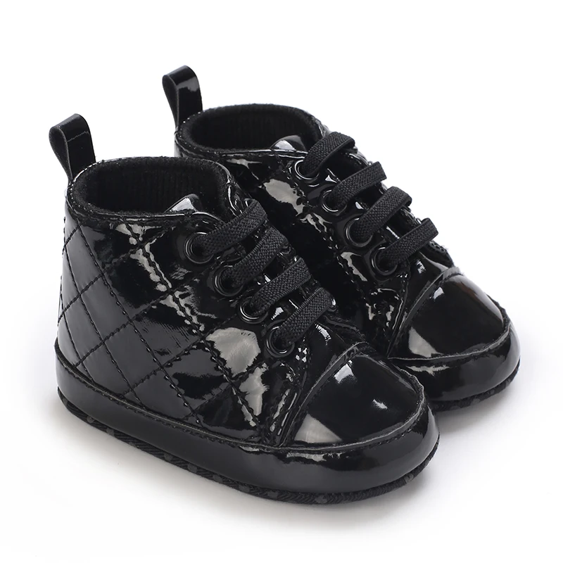 Spring and Autumn Newborn Black Shiny Leather High Top Walking Shoes for Leisure and Versatile First Step Walking Shoes