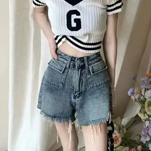 High Street Hot Girls Straight-Legged Denim Shorts Women'S Summer New High Waist All-Match Slimming Wide Legs A-Line Pants