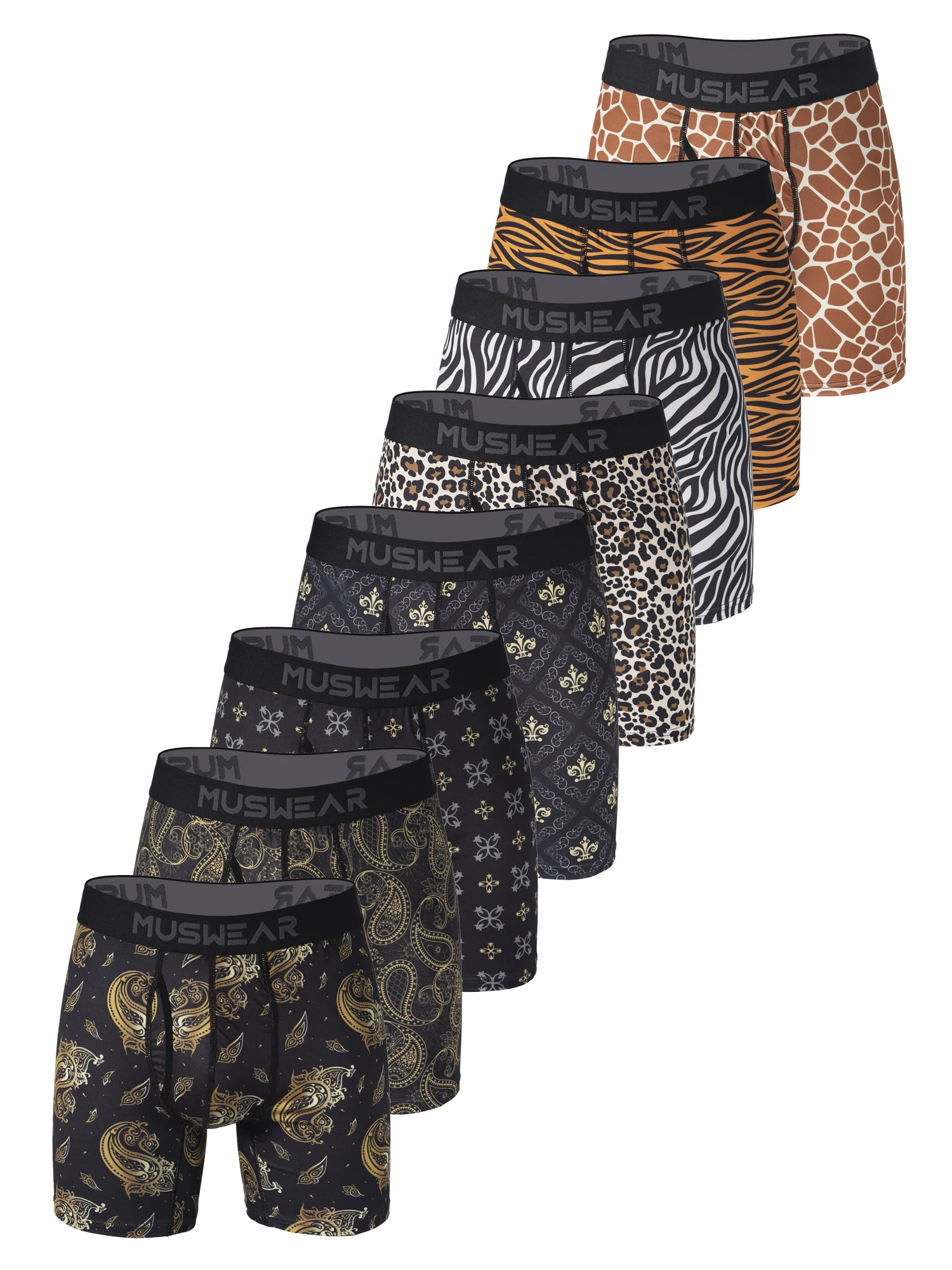 

MUSWEAR 8 шт. Мужские трусы-боксеры с двусторонним начесом, высокой эластичностью, быстросохнущие, с боковым открытием, с принтом по всей поверхности, с широким поясом