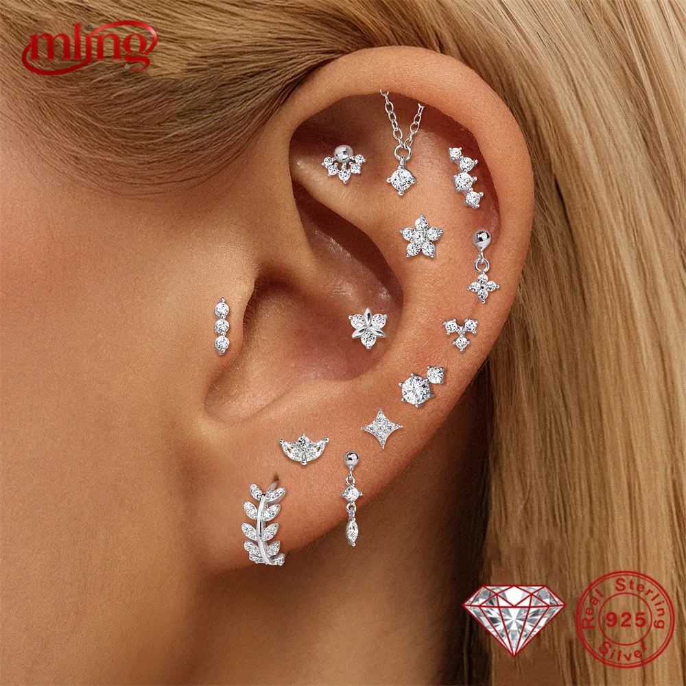 

MLING 1PC Flower Moissanite 925 Sterling Silver Flat Head Piercing Earring For Women Sparking Geometric Stud Earring Jewelry
