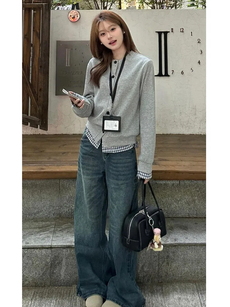 

Американские винтажные джинсы с высокой талией и широкими штанинами для женщин, осенне-зимние, длинные, свободные, стройнящие, в пол, темных оттенков