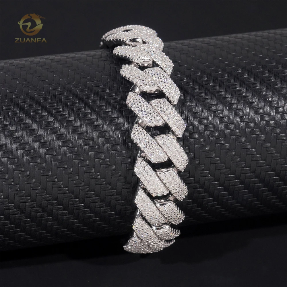 Price Wholesale Solid Silver 3Row Men Cuban Link Moissanite Diamond Silver Iced Out Hip Hop Bracelet Chain Rapper Jewelry..