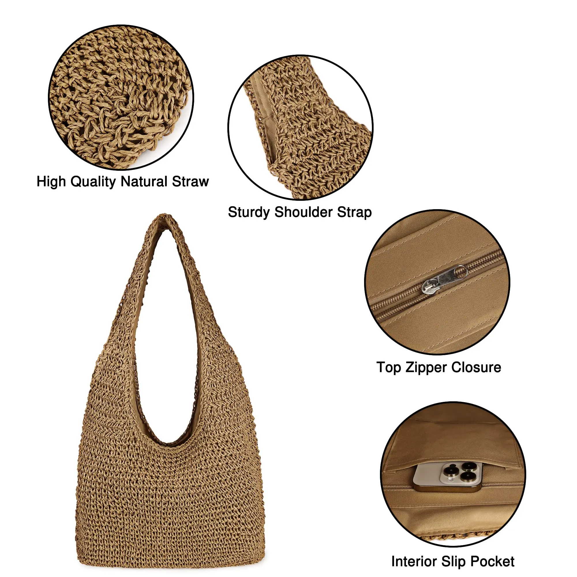 Women Large Straw Beach Bag Handmade Woven Shoulder Bags Hobo Tote Handbag Purse for Summer