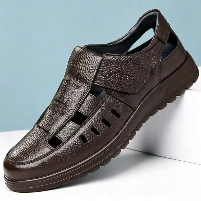 Men 2026 Summer New Closed Toe Cave Shoes Soft Sole Non Slip Waterproof Round Toe Hollow Velcro Kitchen Work Shoes