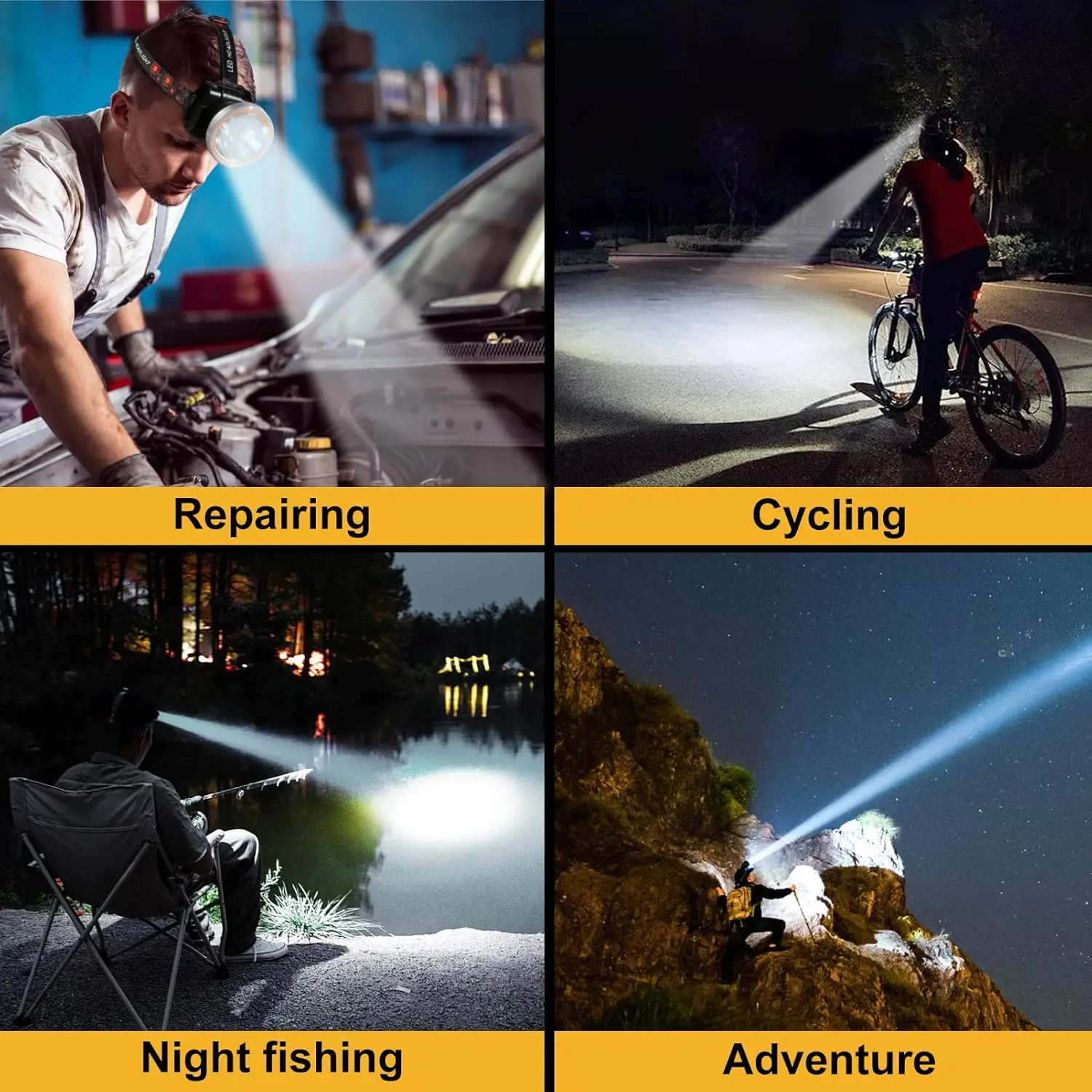 Rechargeable LED Headlamp, High Lumen Waterproof with Adjustable Headband for Night Work & Outdoor Use (Silver-White)