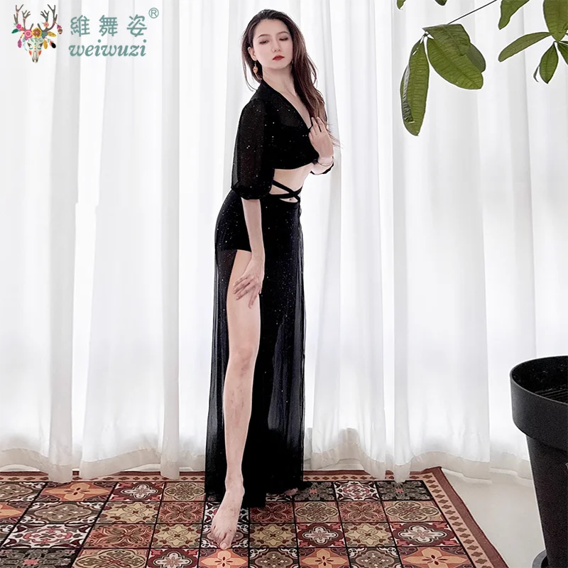 Roupas de prática de dança do ventre para mulheres terno de dança do ventre malha manga curta topo + saia longa sexy feminino roupa de dança oriental