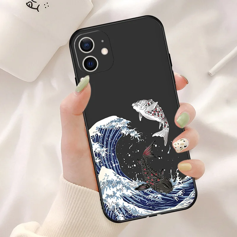 Black Soft Phone Case for Apple iphone 16 15 14 13 12 Mini XS 11 Pro Max XR 7 8 Plus X 16P Blue Yellow Red Flame Sea wave Cover