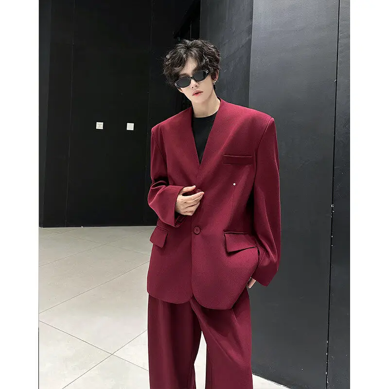 

Tangz Studio Wine Red Men's Suit Set V-Ne Wide Leg Pants Two-Piece Faionable Casual High-End Feelings