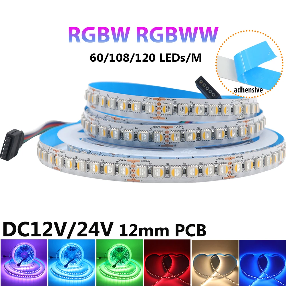 5M 12V 24V RGBW RGBWW 5050 LED Strip Light 12mm 60Leds/m 108Leds/m 120Leds/m Flexible LED Tape for Home Decoration Lighting Lamp