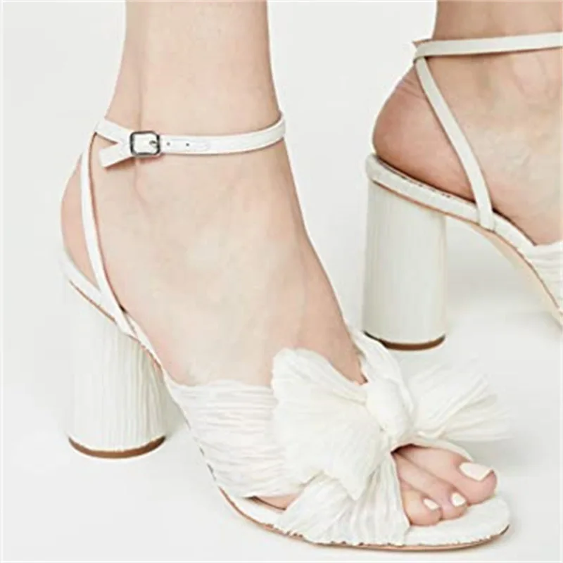 Bow Shoes Low Sandals Woman Leather High Heels 2024 Summer Open Toe Suit Female Beige Low-heeled Comfort High-heeled Peep Girls