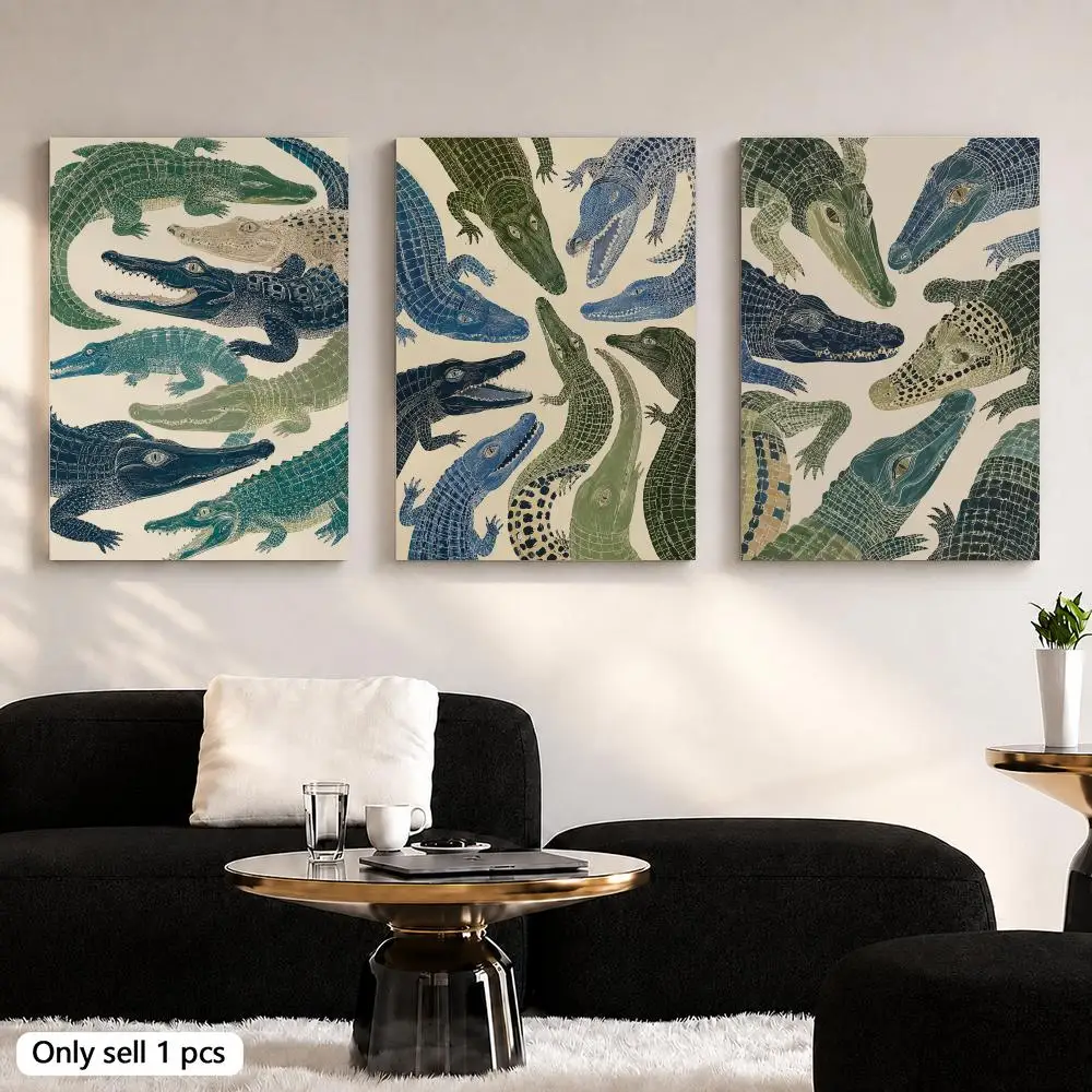 Crocodile Alligator Blue Green Reptile Framed Wall Painting Ready to Hang Canvas Art Poster for Living Room Bedroom Home Decor