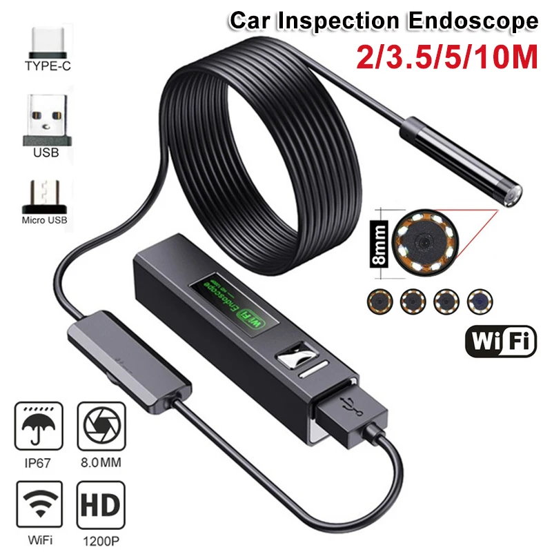 

2/3.5/5/10m Car Inspection Endoscope Camera 1200P WIFI Visual Borescope with 8 LED