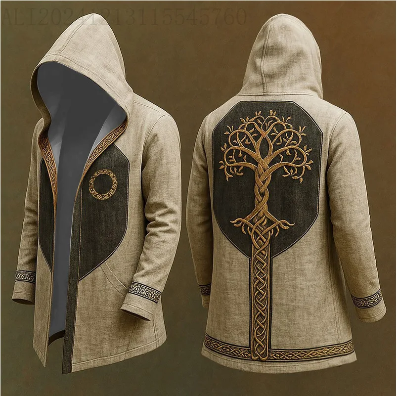 Men's Retro Nordic Viking World Tree of Life Hooded Celtic Knot Open-Front Jacket, Medieval Style Casual Coat