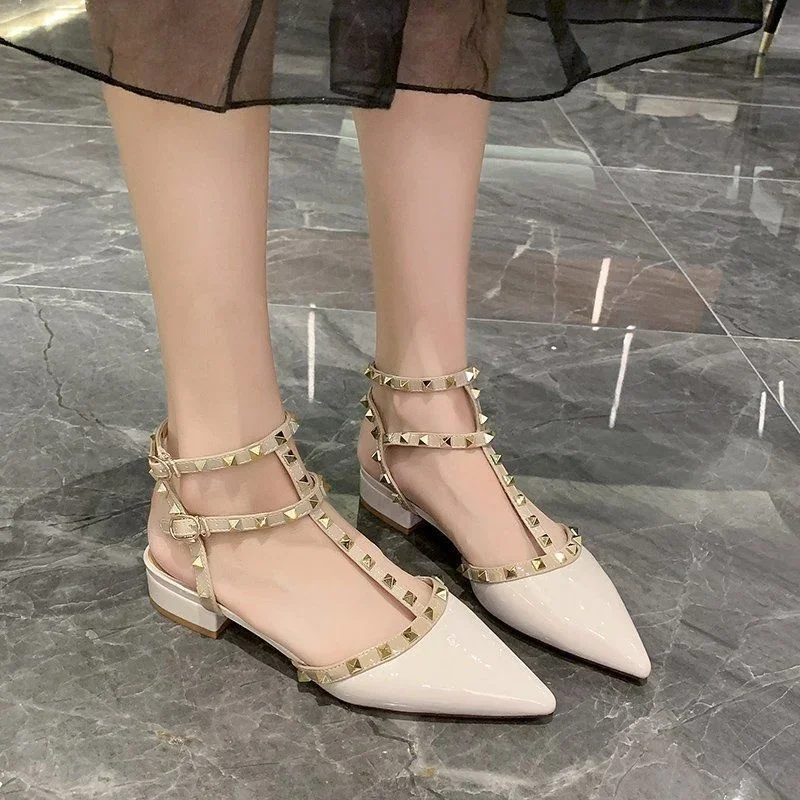 2024 Studded Low Heel Ladies Square Heel Pointed Toe Shoes Women's New Sexy Ladies Shoes Sandals Zapatos Transparentes De Mujer