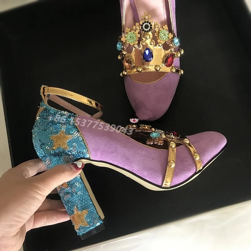 Vintage Suede Gemstone Crown Decoration Stitching Blue Sequin Star Cloth High Heels Pumps Rhinestone Buckles Thick Heel Shoes