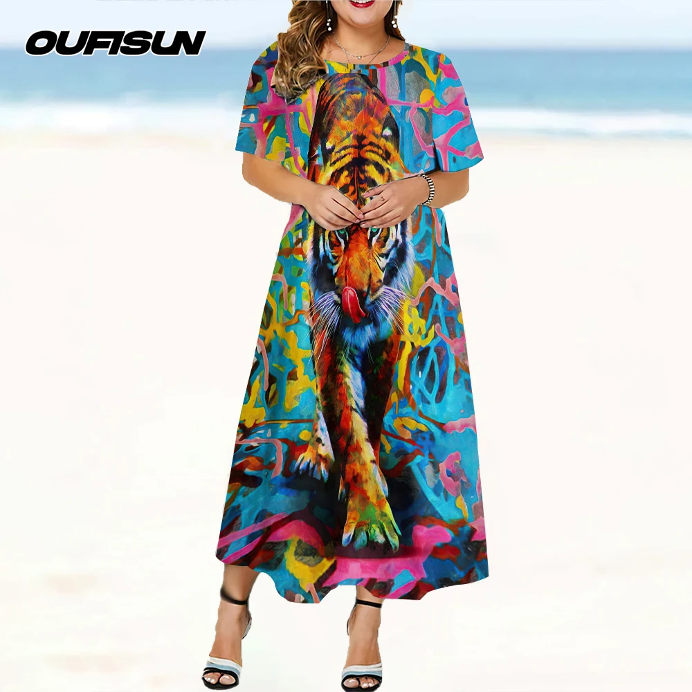 ฤดูร้อนผู้หญิงชุดยาวรอบคอชุด 2025 ผู้หญิงแขนสั้นใหม่สบายๆเสื้อผ้าสัตว์Tigerพิมพ์ผู้หญิงเสื้อผ้า