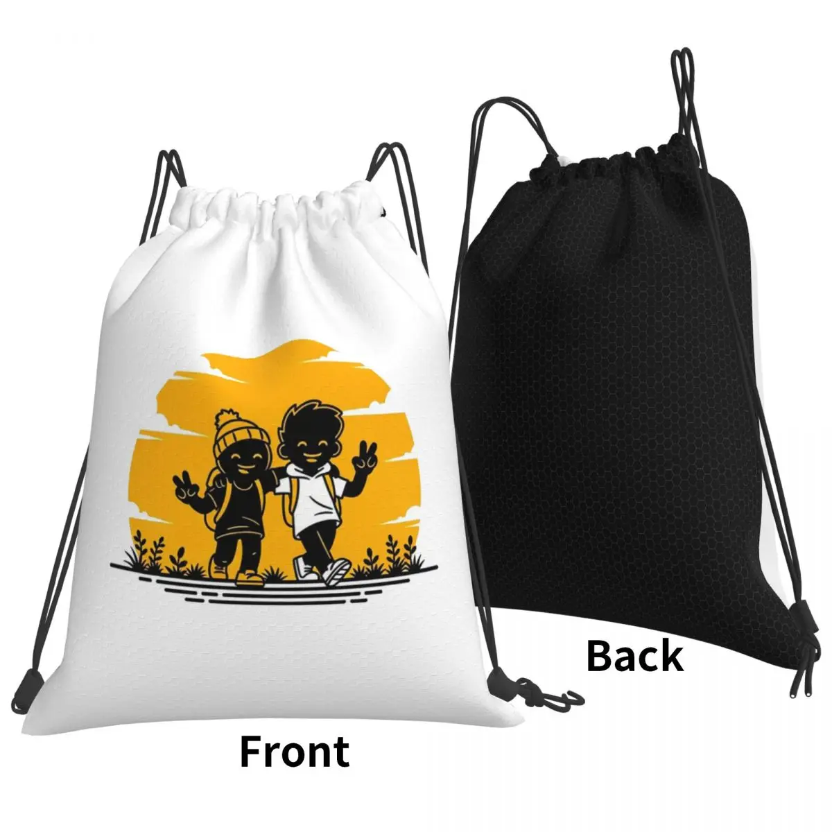 Playful Friendship Sunset Backpacks Portable Drawstring Bags Sports Bag Book Bags for Travel Students