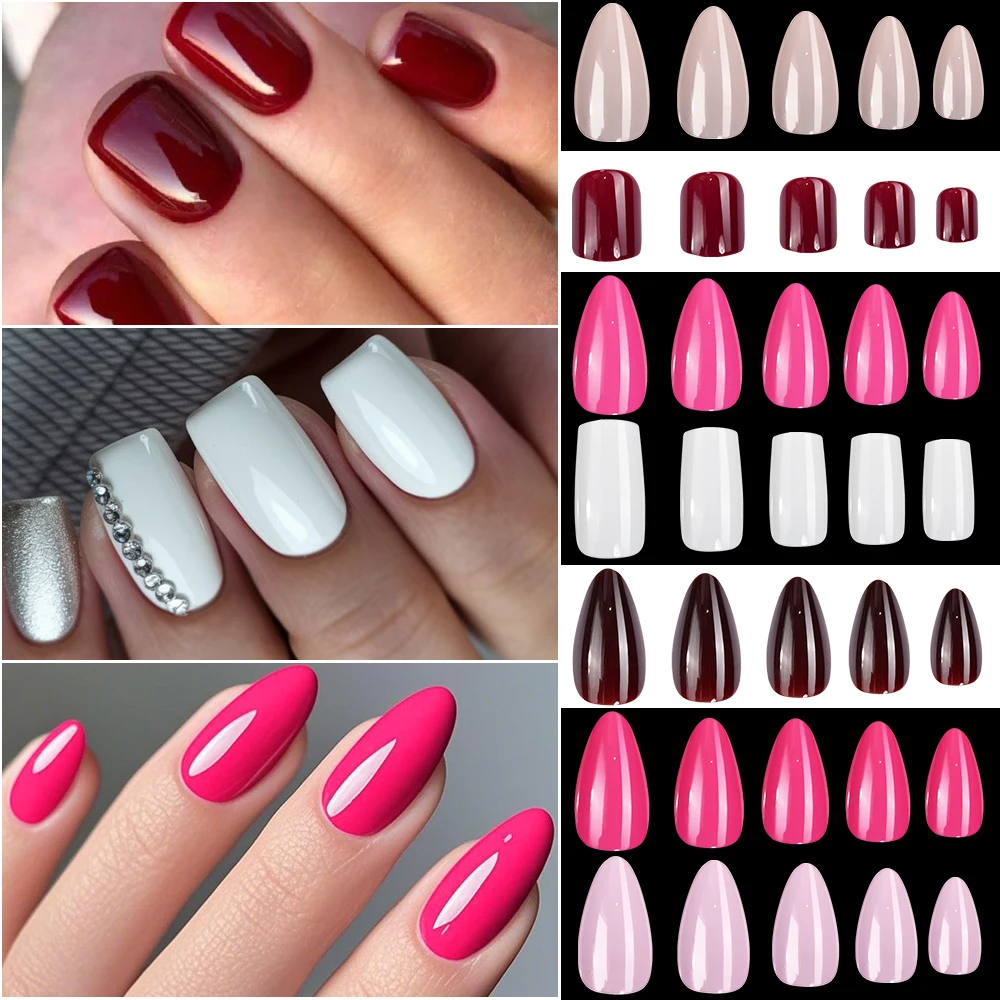 120Pcs Wine Red Short Almond False Nails Tips Full Cover Korean Press On Nail Oval Fake Fingertips for Nail Art Extension Tips *