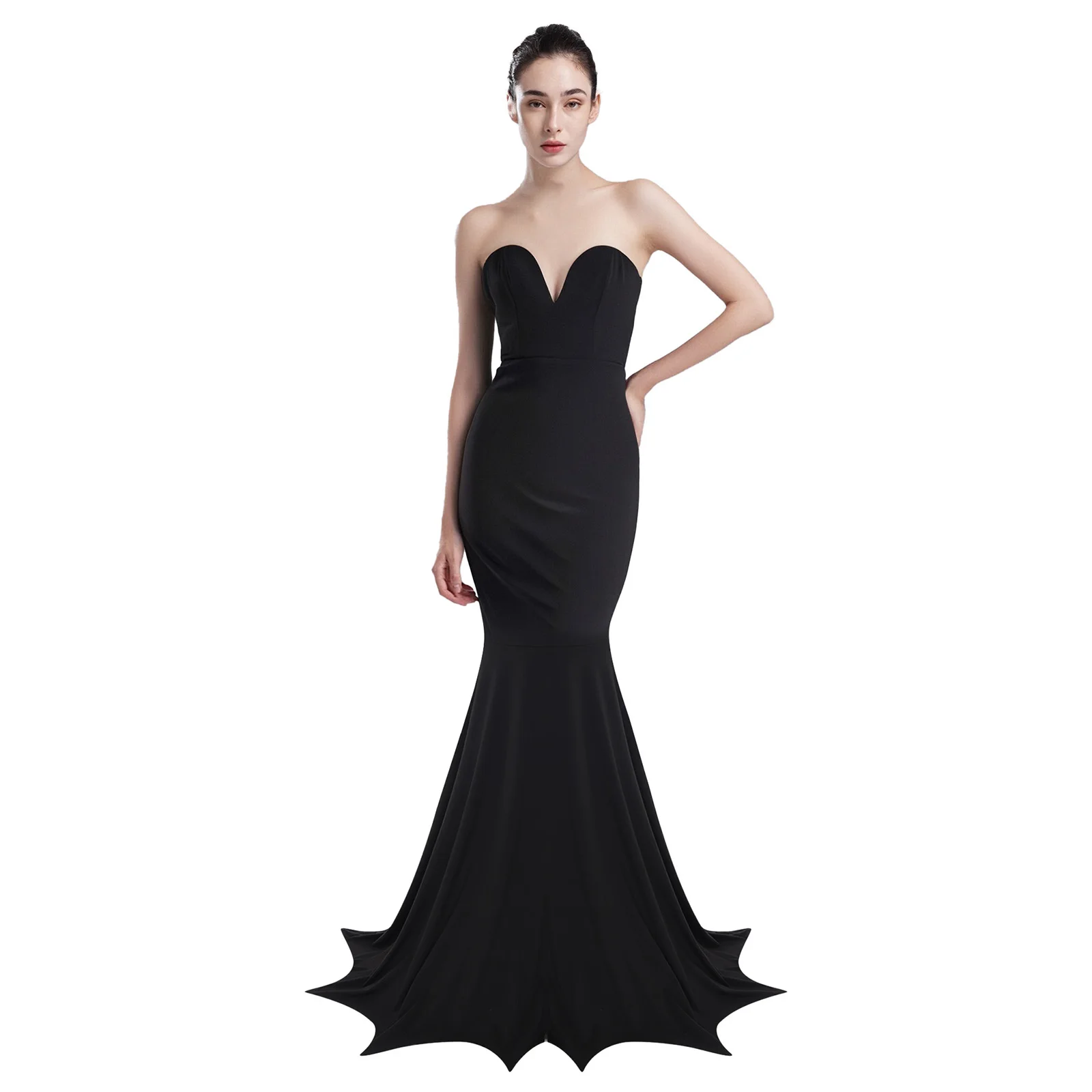 

Women Halloween Gothic Vampire Dress Shoulder Straps Chest Pads Jagged Hem Mermaid Maxi Dress for Witch Cosplay Party Uniforms