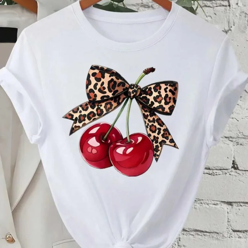 

Fashion Lovely Cherry Print T-Shirt Short Sleeve CrewNeck Casual Commuter Tops for Summer Spring Women's Clothing Otaku Tees