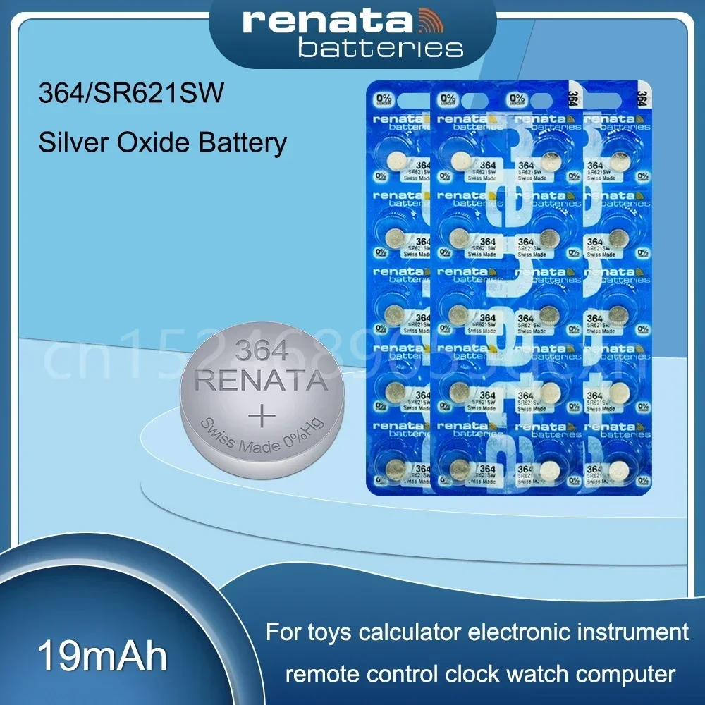 100% ريناتا 364 SR621SW AG1 LR60 GP364 164 EE620 1.55 فولت بطارية ساعة أكسيد الفضة لعبة مقياس خلية زر عملة معدنية سويسرية