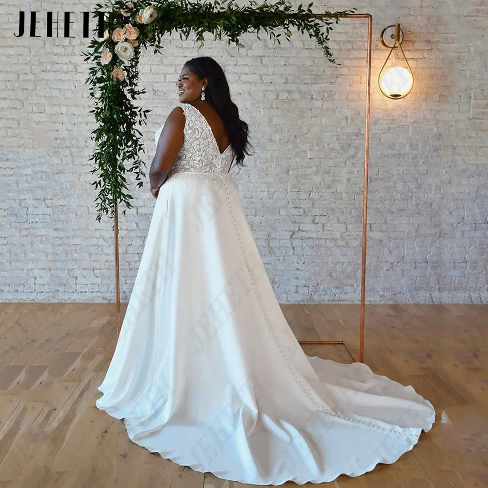 JEHETH Oversize Wedding Dresses Civil Sleeveless Double V-Neck Backless Bride Gowns Satin A-Line Applique vestidos de novia