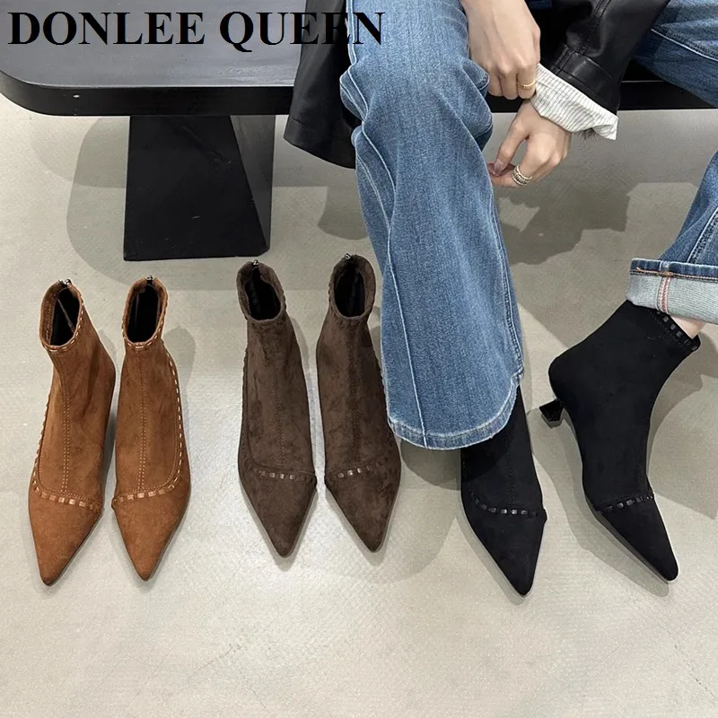 

New Autumn Winter Boots Elastic Microfiber Shoes Women Ankle Booties Brand Thin Heel Short Boot Female Back Zipper Chelsea Botas