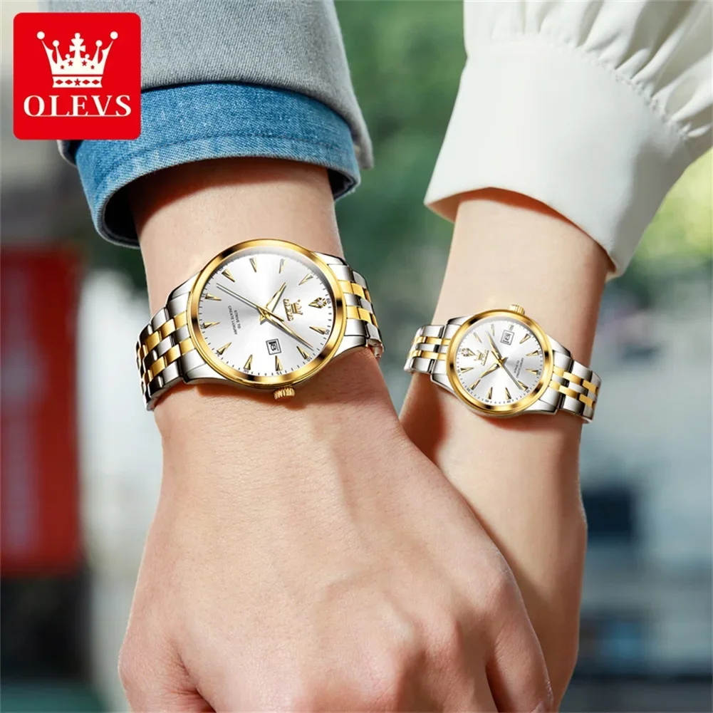 OLEVS 5598 Couple Watch Luxury Brand Waterproof Quartz Watch Fashion Diamond Calendar Date Week His and Her Couple Watch Gift