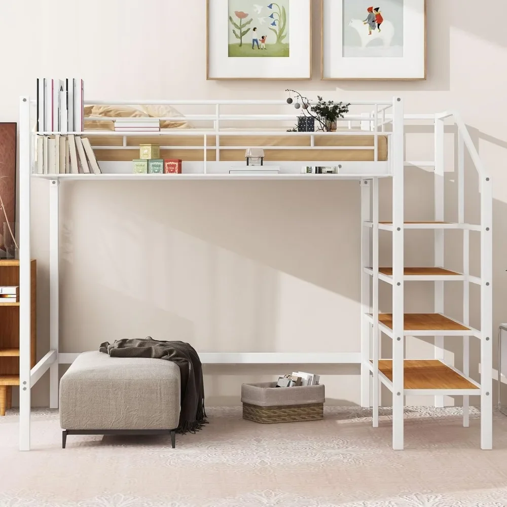 Loft Bed with Stairs, Metal Loft Bed Frame with Storage Steps, Heavy-Duty High Loft Bed with Grid Shelf for Kids Teens Adults