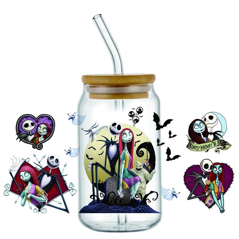 Beliebte Jack Sally Halloween-Stil 16oz UV DTF 3D Transfer Cartoon-Aufkleber für Glasdosen, Becher, Basteln, DIY, Kreativ