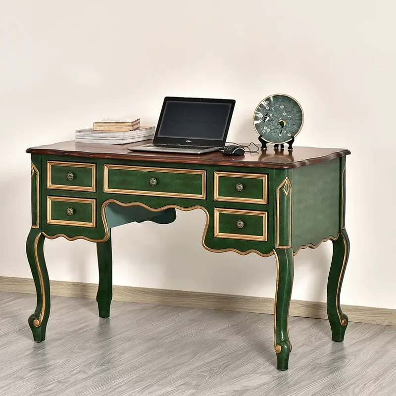 American Solid Wood Desk Simple Study Table Retro Green Writing Computer Desk with Chair Home Office Storage Cabinet