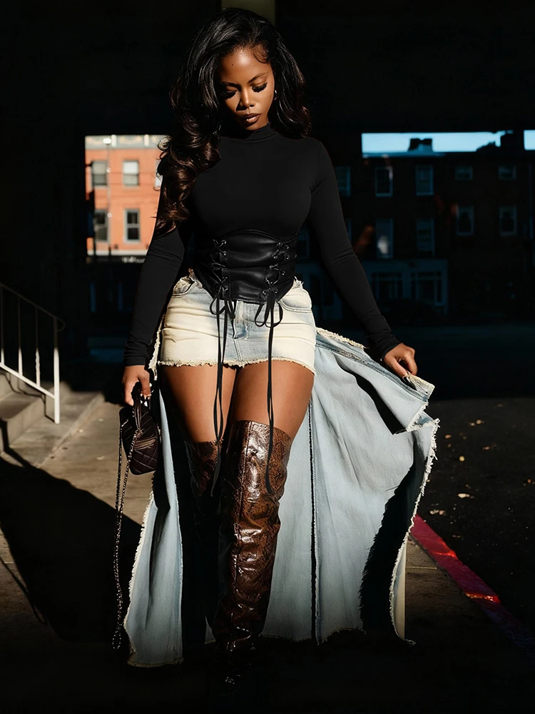 

Sisterlinda модные укороченные топы с гофрировкой женские базовые нерегулярные лоскутные топы из искусственной кожи хипстерские осенние уличные футболки с длинными рукавами и круглым вырезом повседневные футболки