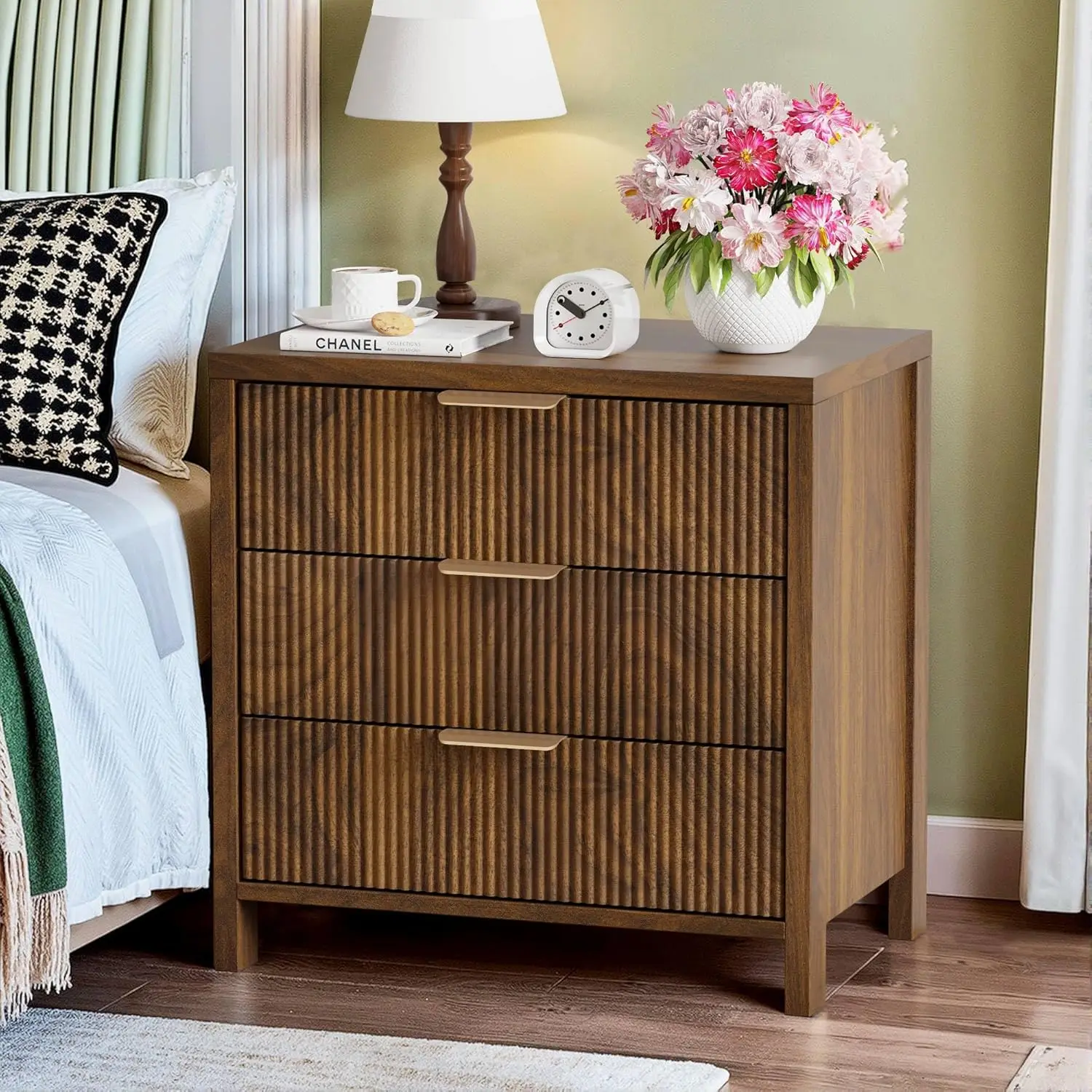 

Fluted Nightstand, 23.7'' Wide Night Stand with 3 Drawers, Mid-Century Modern Bedside Table with Handles, Wood End Table for