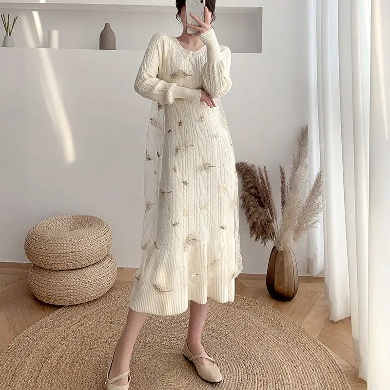 Korean Slim Knit Sweater Dress Women Knitted Mesh Spaghetti Strap Dress Female Long Sleeve Winter Autumn Dress